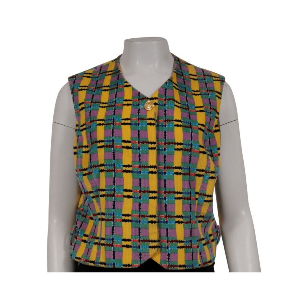 Versace Jeans Womens Vintage Plaid Striped Vest Medium Yellow Purple Green
